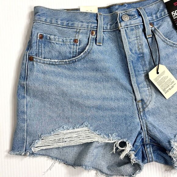 Levi's 501 Premium Distressed Jean Shorts 30 Buttonfly 5 Pockets High Rise New - Picture 4 of 6